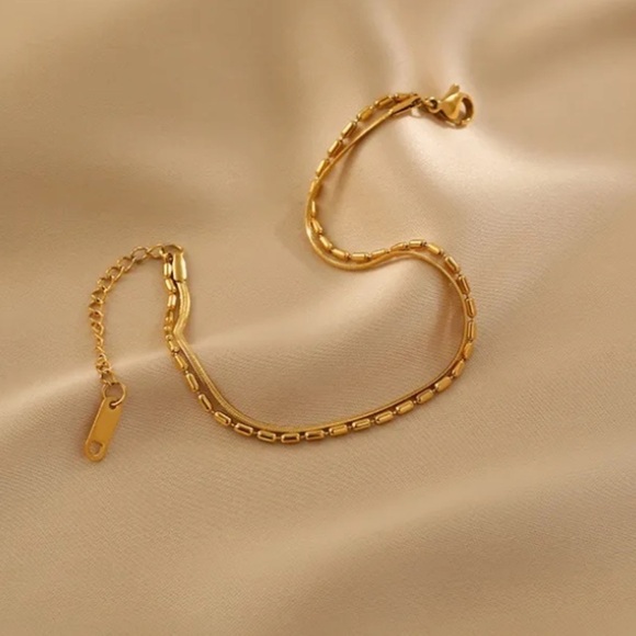 new Double Layer Gold Snake Herringbone Chain Bracelet - Picture 2 of 9